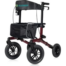 ELENKER All-Terrain Folding Rollator Transport Walker with Seat and 12" Rubber Front wheels for Seniors, Red