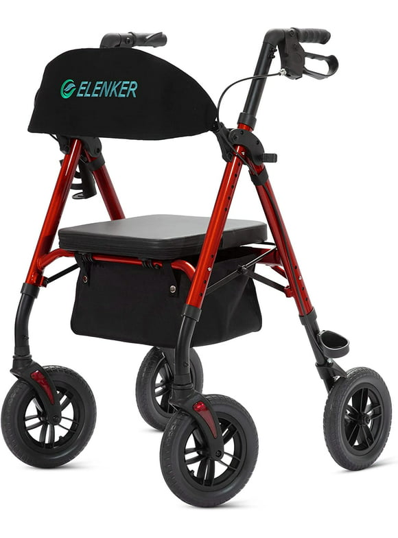 ELENKER All-Terrain Rollator Walker, 10” Wheels Mobility Walker for Seniors, Red
