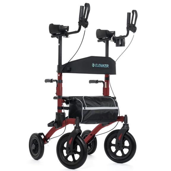 ELENKER All-Terrain Upright Rollator Walker with Seat for Seniors - 12" Wheels, Aluminum Frame, Red