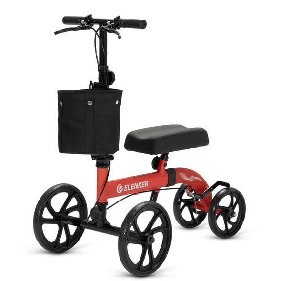 ELENKER Foldable Knee Walker with 10" Front Wheels Steerable Scooter Crutch Alternative, Red