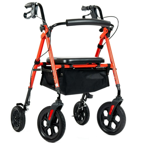 ELENKER Rollator Walker with 10" All-Terrain Wheels, Adjustable Padded Seat for Seniors, Red
