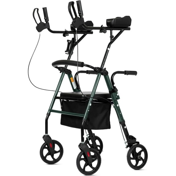 ELENKER Stand up Folding Rollator Walker, Aluminum Upright Rollator Walker with Seat and Backrest for Seniors, Green
