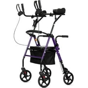 ELENKER Stand up Folding Rollator Walker, Aluminum Upright Rollator Walker with Seat and Backrest for Seniors, Purple