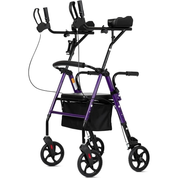 ELENKER Stand up Folding Rollator Walker, Aluminum Upright Rollator Walker with Seat and Backrest for Seniors, Purple