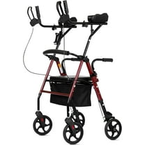 ELENKER Stand up Folding Rollator Walker, Aluminum Upright Rollator Walker with Sitting Seat and Backrest for Seniors, Red