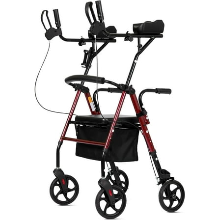 ELENKER Stand up Folding Rollator Walker, Aluminum Upright Rollator Walker with Sitting Seat and Backrest for Seniors, Red