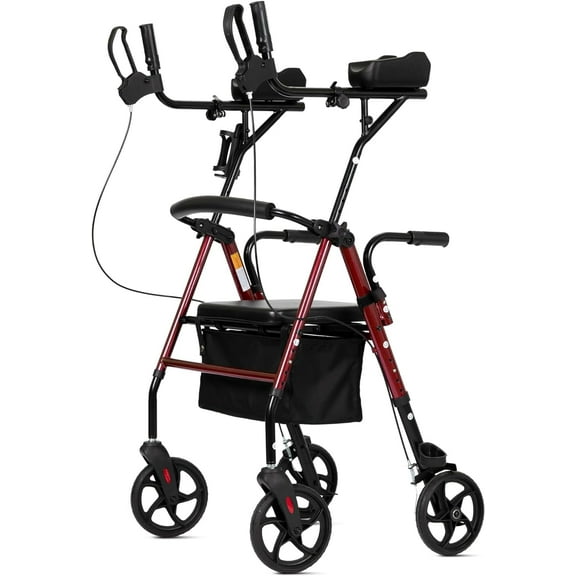 ELENKER Stand up Folding Rollator Walker, Aluminum Upright Rollator Walker with Sitting Seat and Backrest for Seniors, Red