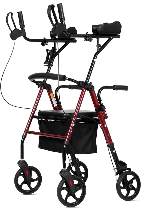 Stand up Folding Rollator Walker, Aluminum Upright Rollator Walker with Sitting Seat and Backrest for Seniors, Red