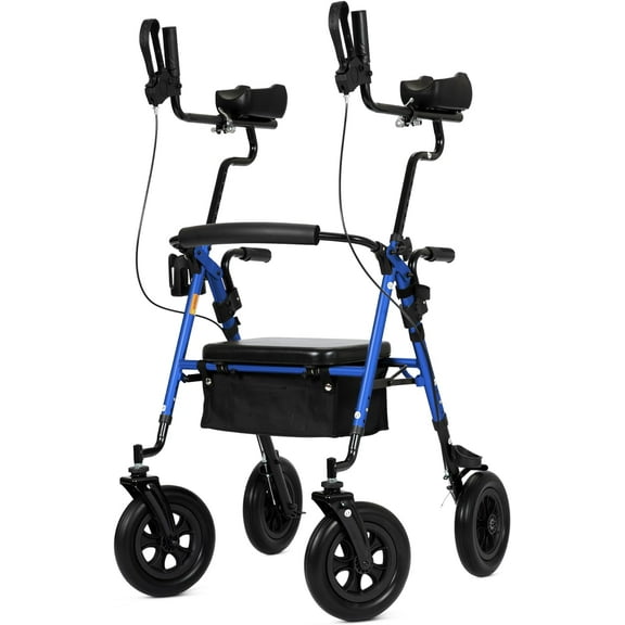 ELENKER Upright Rollator Walker, All-Terrain Stand up Rolling Walker 10" PU Wheels for Senior Blue