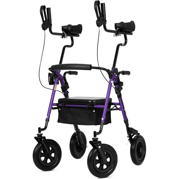 ELENKER Upright Rollator Walker, All-Terrain Stand up Rolling Walker with 10" PU Wheels for Seniors Purple