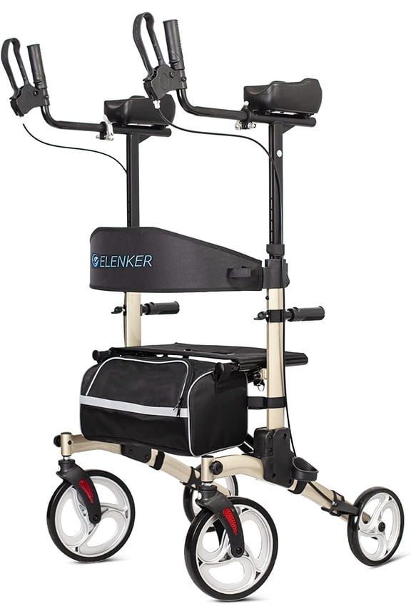 Upright Rollator Walker, Tall Folding Rollator Walker with 10” Front Wheels for Seniors and Adults Champagne Gold
