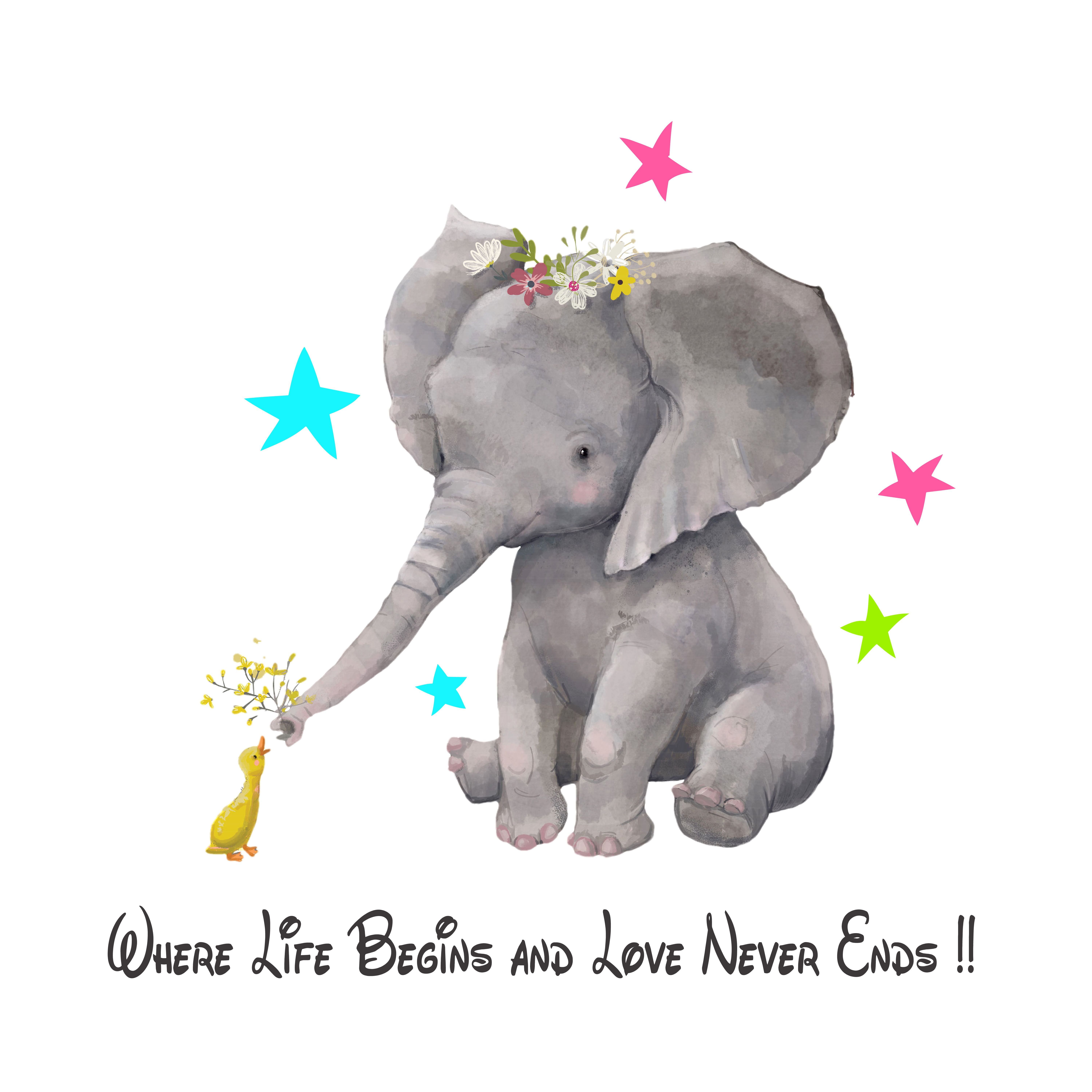 ELEPHANTS - Inspirational Quotes Decal - Where Life Begins And Love Never  Ends - Elephant \u0026 Duckling Watercolor Painting Design Vinyl Home Kids  Bedroom Wall Decal Sticker 40\, image size:6001x6001