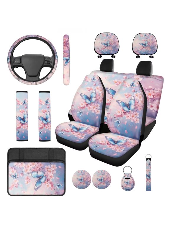 14 Pcs Front Back Car Seat Covers Full Set Steering Wheel Seat Belt Headrest Covers Center Console Pad Coasters Keychain Daily Travel Athletic Automobile Interior Sets Butterfly Cherry Blossom
