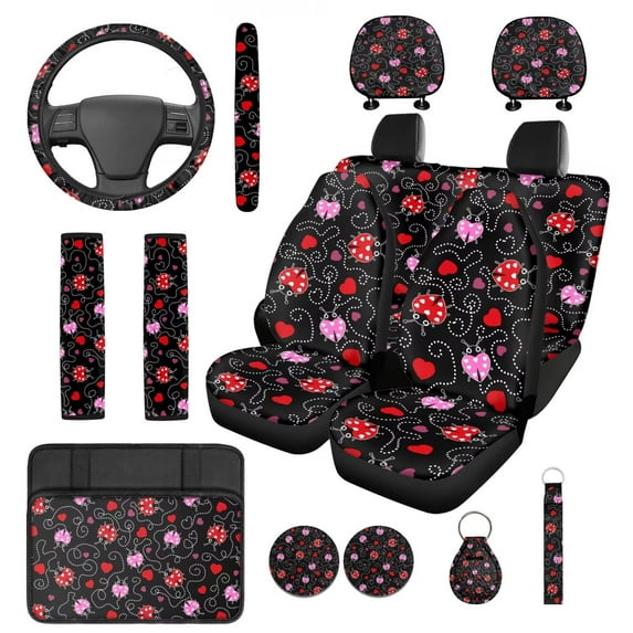 Pzuqiu 14 Pcs Front Rear Car Seat Cover Steering Wheel Seat Belt Headrest Coasters Center Console Pad Keychain Pink Red Ladybug Automotive Seat Cover Accessories Gift for Women Ladies