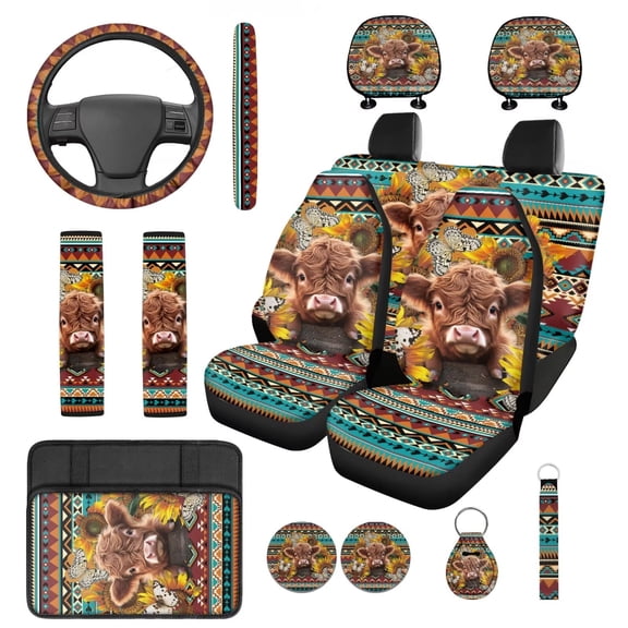 Pzuqiu 14 Pcs Set Daily Holiday Sport Auto Interior Sets Covers Front and Rear Seat Cover for Cars Steering Wheel Seat Strap Pads Armrest Cushion Pad Headrest Coasters Keychain Cute Cow Aztec