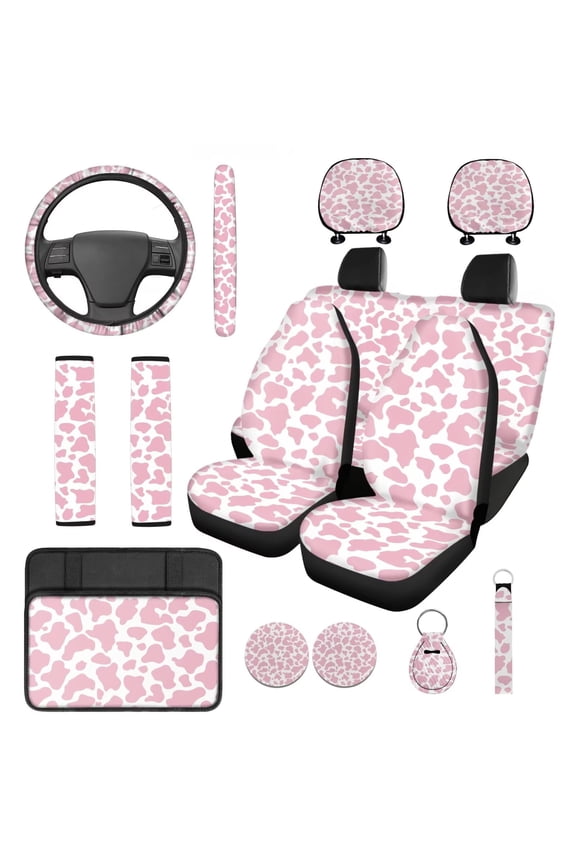 14Pcs Automobile Interior Sets Cars Front Rear Seat Covers Steering Wheel Seat Strap Pads Armrest Pad Headrest Covers Coasters Keychain Fit Most SUV Van Sedan Truck Cow Print Pink