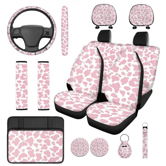 Pzuqiu 14Pcs Automobile Interior Sets Cars Front Rear Seat Covers Steering Wheel Seat Strap Pads Armrest Pad Headrest Covers Coasters Keychain Fit Most SUV Van Sedan Truck Cow Print Pink