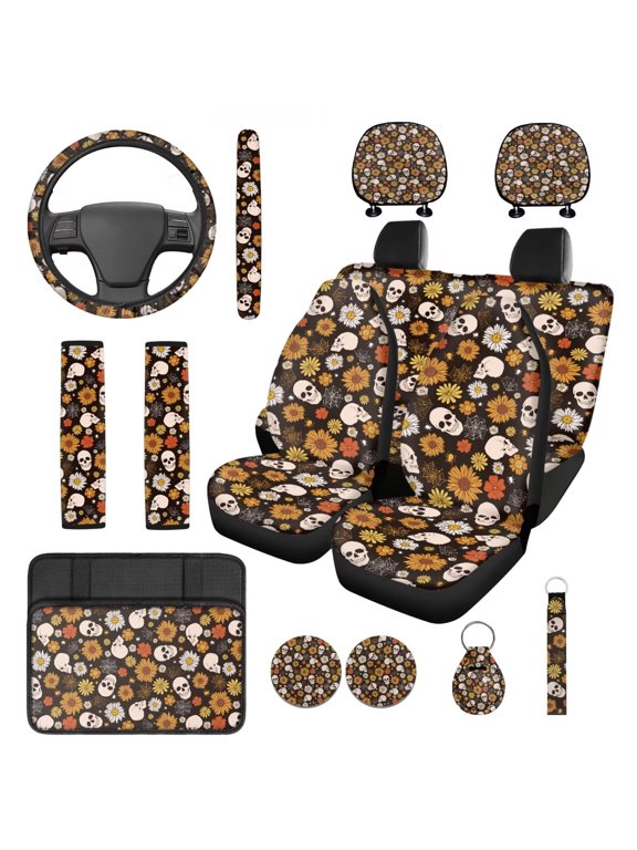 Floral Skull 14Pcs Automobile Interior Sets Front Rear Seat Covers for Cars Steering Wheel Seat Strap Pads Armrest Pad Headrest Covers Coasters Keychain Fit Most SUV Van Sedan Truck