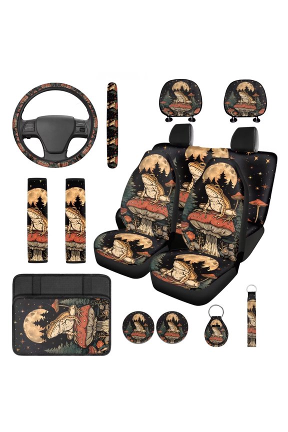 Frog Mushroom 14 Pcs Interior Sets Front Rear Seat Covers for Cars Steering Wheel Seatbelt Cushion Arm Rest Pad Headrest Coasters Key Chain Auto Seat Cover Accessories Full Set