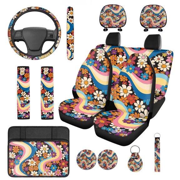 Pzuqiu Hippie Daisy Swirl 14 Pcs Car Interior Sets Front Rear Seat Covers for Cars Steering Wheel Seatbelt Cushion Arm Rest Pad Headrest Coasters Key Chain Automotive Seat Cover Accessories Full Set