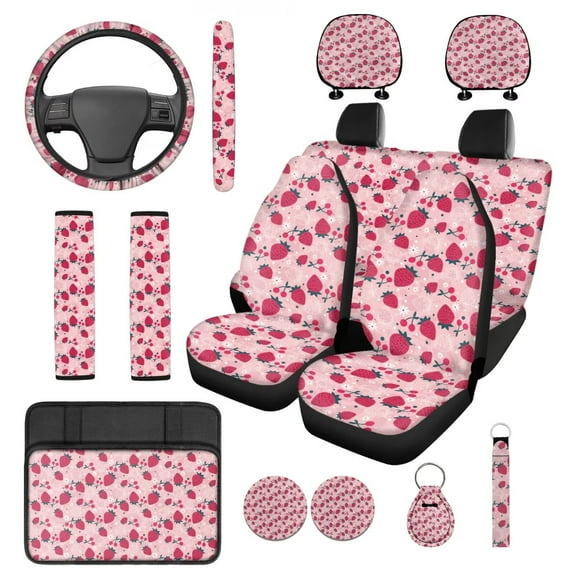 Pzuqiu Pink Strawberry Car Seat Covers Full Set Steering Wheel Seatbelt Headrest Coasters Center Console Cushion Pad Keychain 14 Pcs Interior Vehicle Accessories Spring Summer Fall Winter