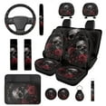 thumbnail image 1 of Pzuqiu Skull Red Rose 14 Pcs Interior Set Front Rear Seat Covers for Cars Steering Wheel Seat Belt Headrest Coasters Center Console Cushion Pad Key Chain Decorative Universal Fit Most Vehicles, 1 of 7
