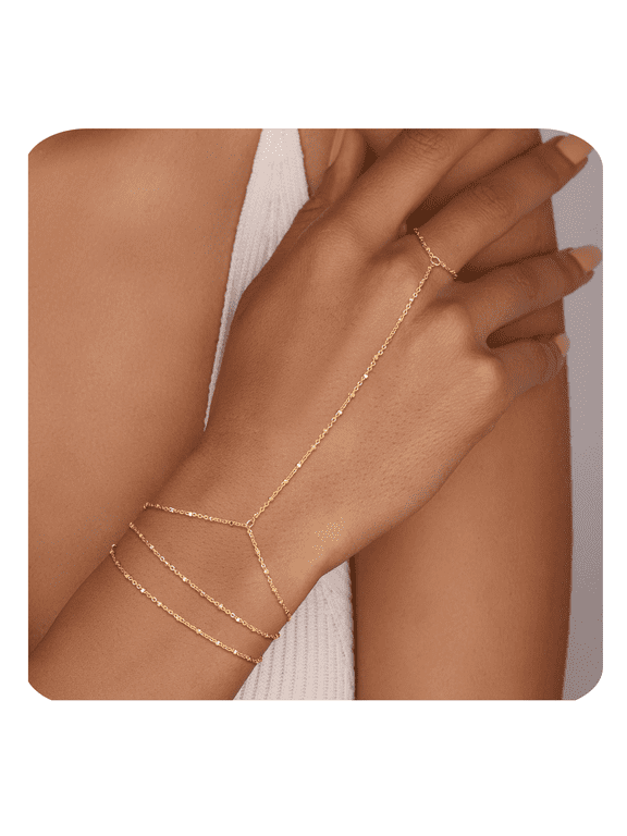 14K Gold Plated Hand Chain Bracelets for Women Set - Dainty Finger Ring Bracelet Stack Adjustable Hand Chains Durable Beaded Bracelets Trendy Simple Body Jewelry Gift for Women