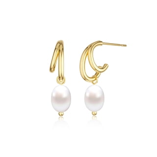ELESMILO 14k Gold Plated Pearl Earrings for Women - Trendy Drop Dangle Huggie Hoop Earrings - Dainty Brides Weddings Pearls Earring Jewelry Gifts