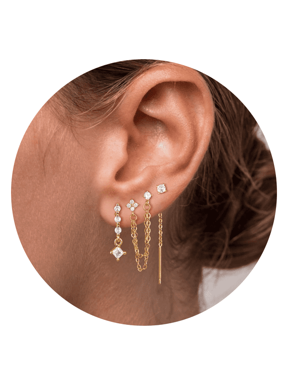Dangle Earrings 3/4 Pairs Dainty 14K Gold Plated Earrings for Women Trendy Chain Earring Stacks Set Cubic Zirconia Drop Hoop Stud Hypoallergenic Earrings for Women Jewelry Gifts
