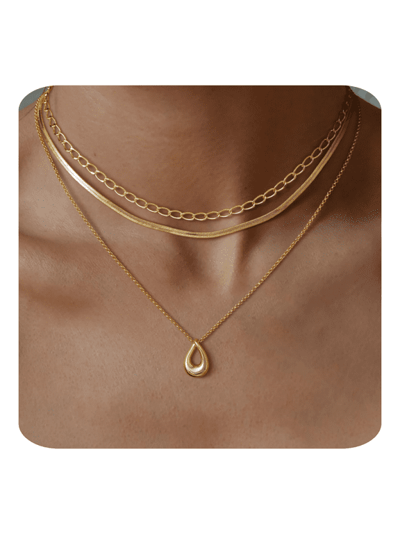 Layered Gold Necklaces for Women, Trendy 14k Gold/Silver Plated Pendant Necklace Stack Simple Herringbone Chain Choker Set Gold Jewelry Gifts