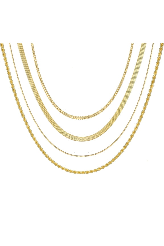 Layered Necklaces for Women Non Tarnish- Chunky 14k Gold Plated Herringbone/Snake/Rope/Box/Cuban Link Chain Waterproof Layering Stack Choker Necklace Trendy Dainty Tarnish Free Jewelry Set