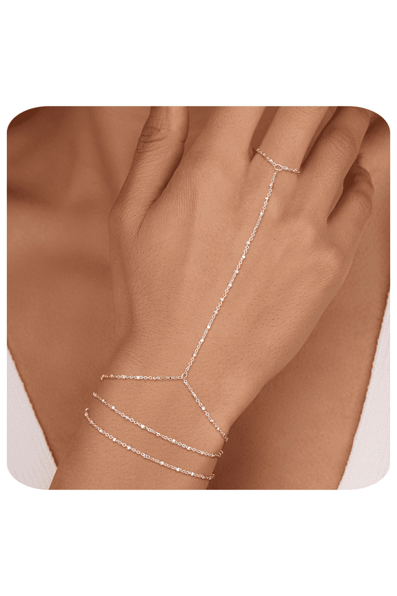 Silver Hand Chain Bracelets for Women Set - Dainty Silver Plated Finger Ring Bracelet Stack Adjustable Hand Chains Durable Beaded Bracelets Trendy Simple Jewelry Gift for Women