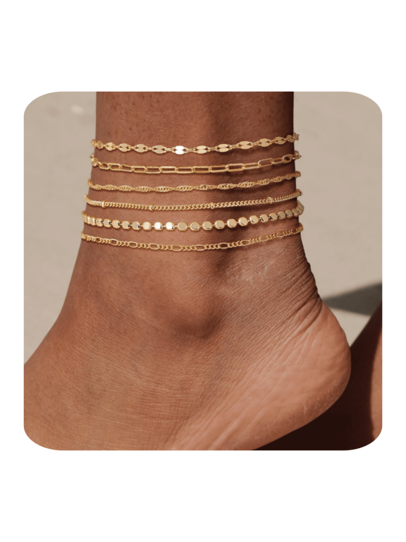 Waterproof Ankle Bracelets for Women, 14K Real Gold Plated Anklets for Women 6PCS Anklet Set Dainty Summer Beach Jewelry