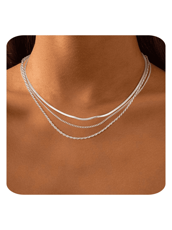 Women's Layered Necklace Set - 3 Piece Dainty Gold Jewelry for Everyday Stacking | 14K Gold Plated Snake Chain, Rope Chain, Cuban Chain | Adjustable Length 14-18.5 Inch | Gift Ready