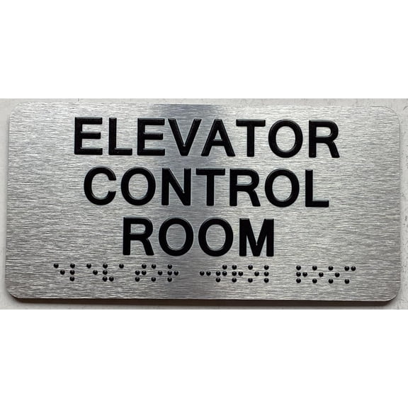 ELEVATOR CONTROL ROOM SIGN WITH RAISED LETTERS/IMAGE & GRADE 2 BRAILLE - INCLUDES RED ADHESIVE PAD FOR EASY INSTALLATION (4" W X 8" H,BRUSHED ALUMINUM/SILVER, TACTICLE SIGN) - THE PARK AVE LINE