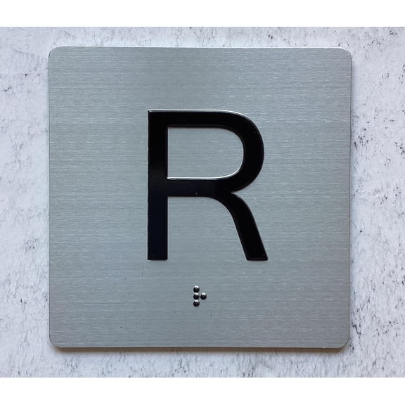 ELEVATOR R FLOOR SIGN/JAMB PLATE. SIGN LETTERS/IMAGE & GRADE 2 BRAILLE - INCLUDES RED ADHESIVE PAD FOR EASY INSTALLATION (4" W X 4" H,SILVER, TACTICLE SIGN) - THE SENSATION LINE
