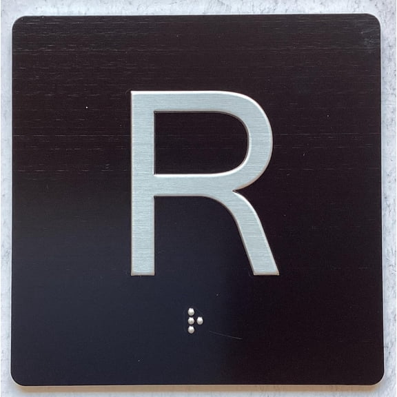 ELEVATOR ROOF R FLOOR SIGN/JAMB PLATE. SIGN LETTERS/IMAGE & GRADE 2 BRAILLE - INCLUDES RED ADHESIVE PAD FOR EASY INSTALLATION (4" W X 4" H,BLACK, TACTICLE SIGN) - THE SENSATION LINE