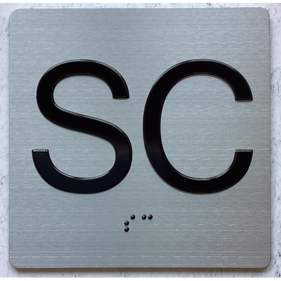 ELEVATOR SC FLOOR SIGN/JAMB PLATE. SIGN LETTERS/IMAGE & GRADE 2 BRAILLE - INCLUDES RED ADHESIVE PAD FOR EASY INSTALLATION (4" W X 4" H,SILVER, TACTICLE SIGN) - THE SENSATION LINE