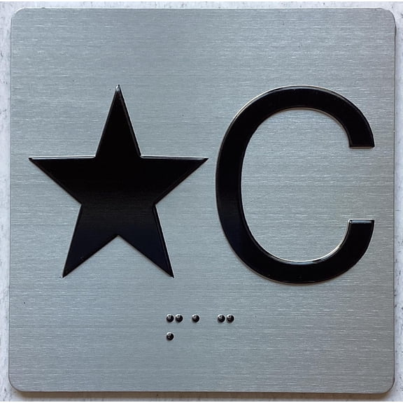 ELEVATOR STAR C FLOOR SIGN/JAMB PLATE. SIGN LETTERS/IMAGE & GRADE 2 BRAILLE - INCLUDES RED ADHESIVE PAD FOR EASY INSTALLATION (4" W X 4" H,SILVER, TACTICLE SIGN) - THE SENSATION LINE