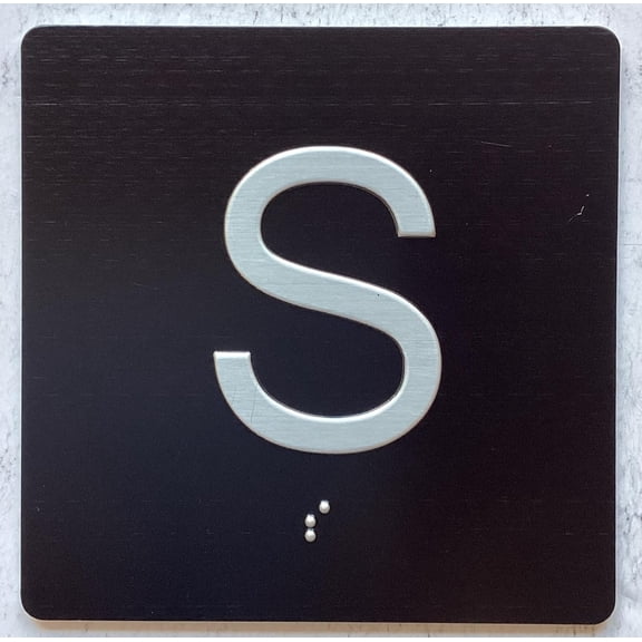 ELEVATOR STREET S FLOOR SIGN/JAMB PLATE. SIGN LETTERS/IMAGE & GRADE 2 BRAILLE - INCLUDES RED ADHESIVE PAD FOR EASY INSTALLATION (4" W X 4" H,BLACK, TACTICLE SIGN) - THE SENSATION LINE