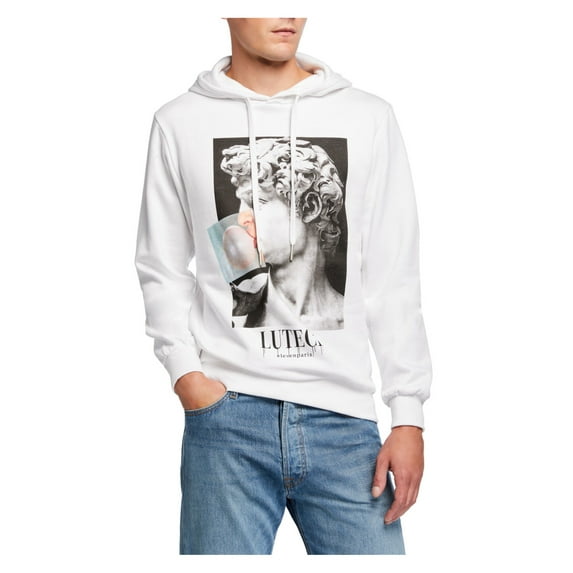 ELEVEN PARIS Mens White Crew Neck Classic Fit Draw String Cotton Pullover Sweater M