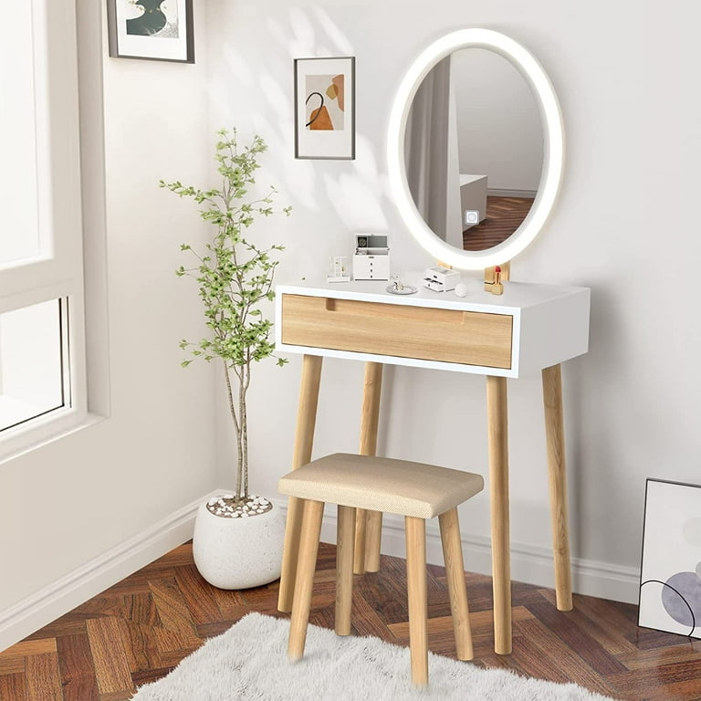 ELEWISH Makeup Vanity Table Set with 3 Modes Adjustable Lighted Mirror  Cushioned Stool, Dressing Table for Small Space with Free Make-up Organizer  (White+Wood) 