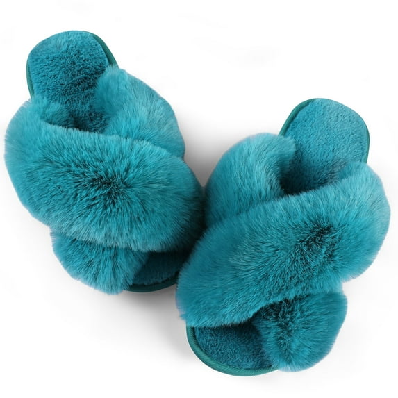 ELElax Women's Cross Band Slippers Fuzzy Soft House Slippers Plush Furry Warm Cozy Open Toe Fluffy Home Shoes Comfy Indoor Outdoor Slip On Breathableï¼ Green