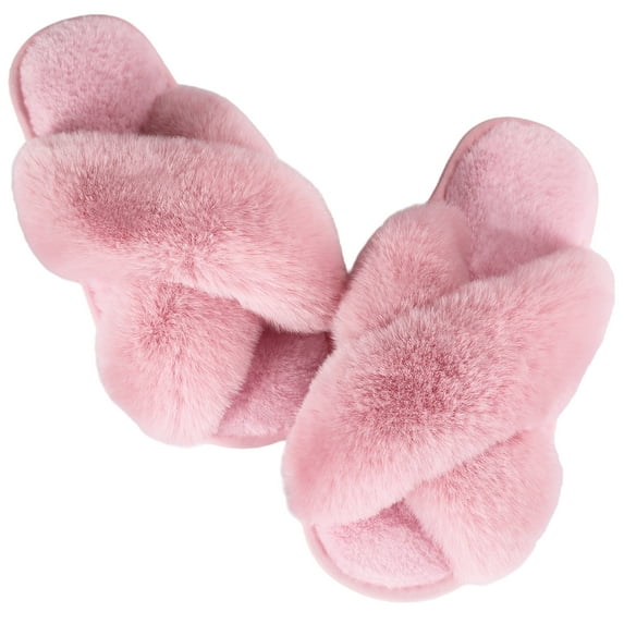 ELElax Women's Cross Band Slippers Fuzzy Soft House Slippers Plush Furry Warm Cozy Open Toe Fluffy Home Shoes Comfy Indoor Outdoor Slip On Breathable, Pink