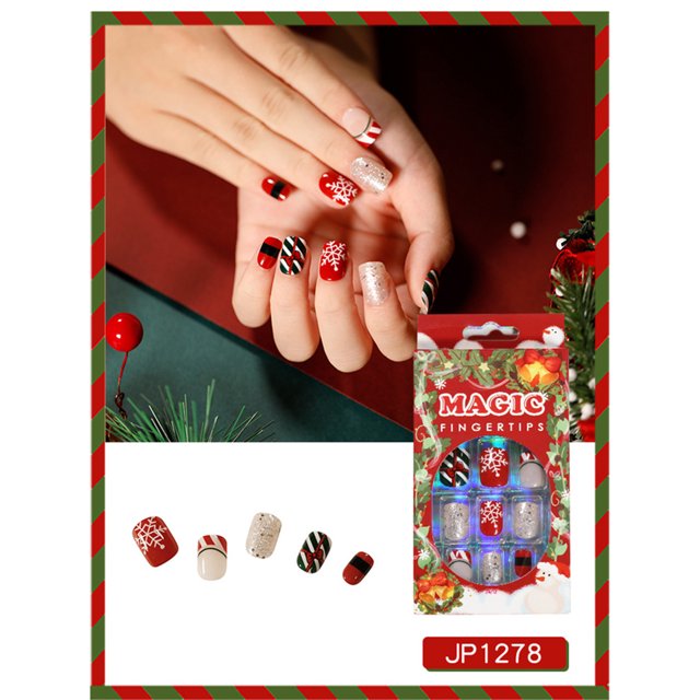 ELF 24PCS Christmas Pattern Fake Nails, French Tape Glue Medium Length