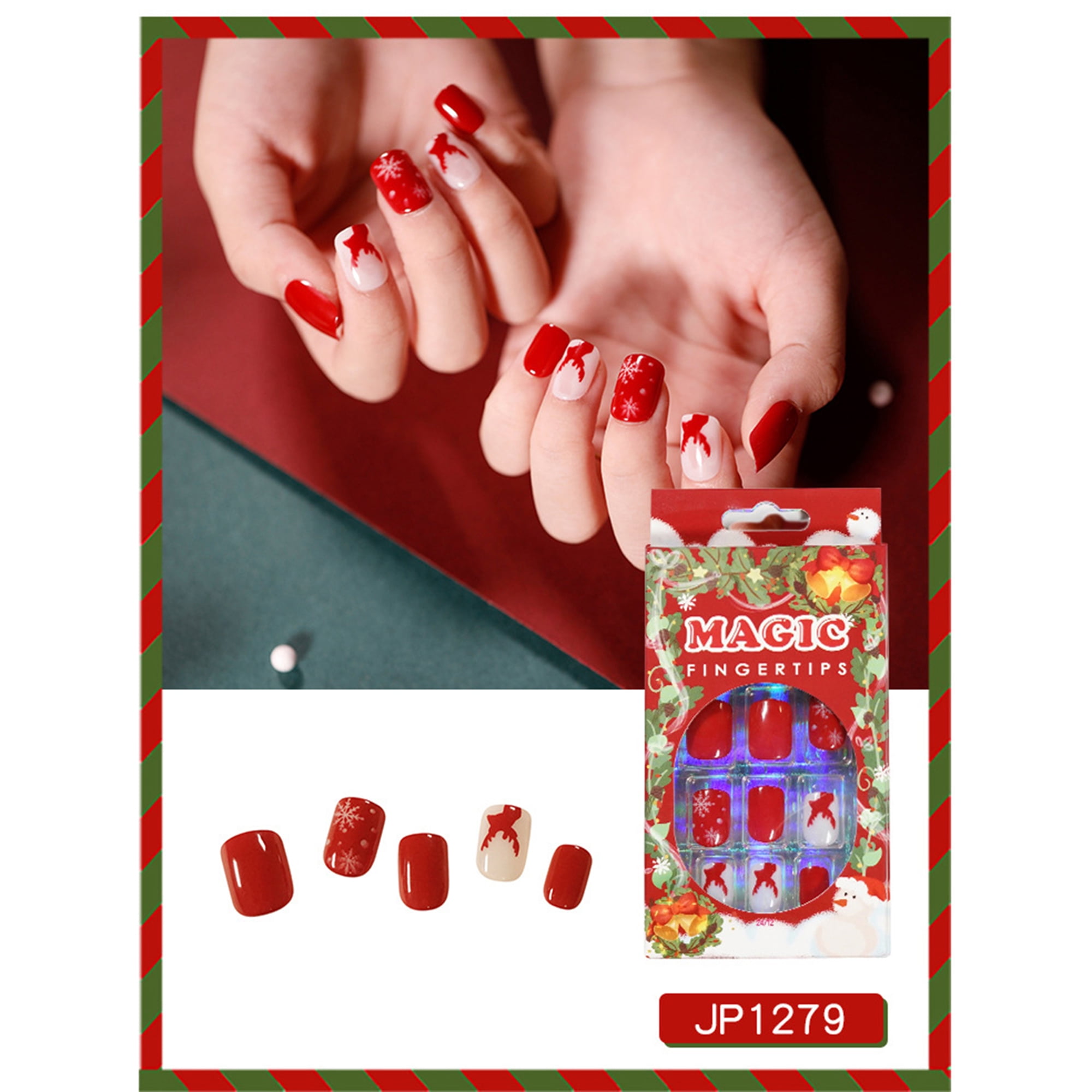 ELF 24PCS Christmas Pattern Fake Nails, French Tape Glue Medium Length