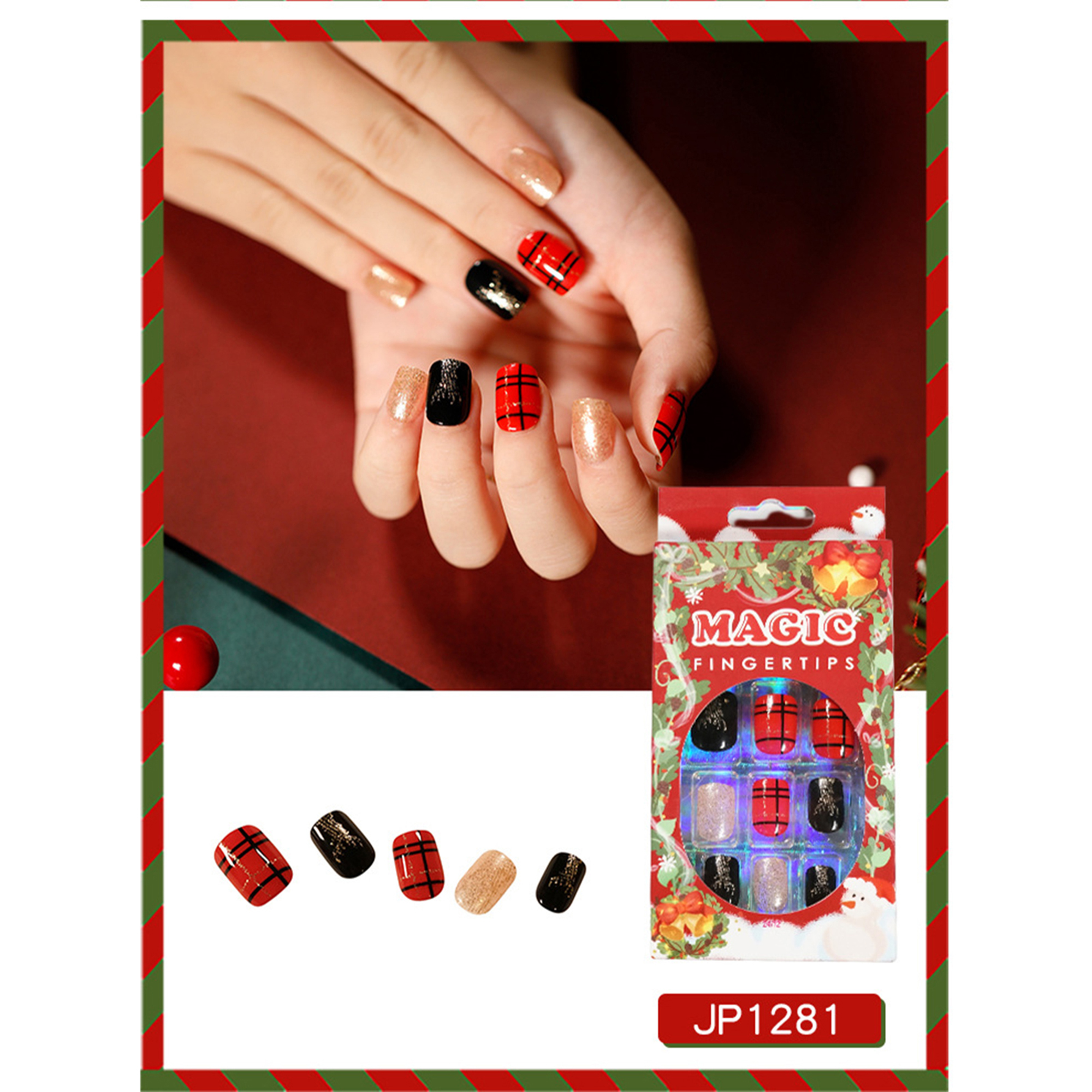 ELF 24PCS Christmas Pattern Fake Nails, French Tape Glue Medium Length