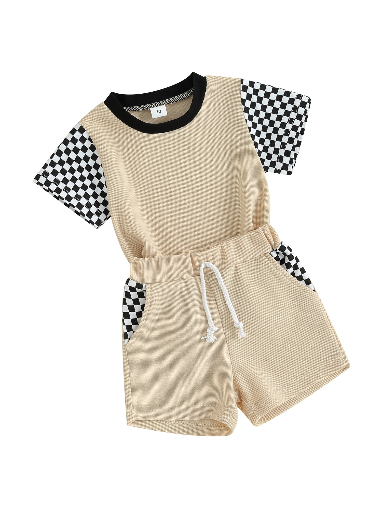 ELF Baby Boy Summer Clothes Checkerboard Print Short Sleeve Round Neck T Shirt With Shorts 2pcs Outfit - View #5