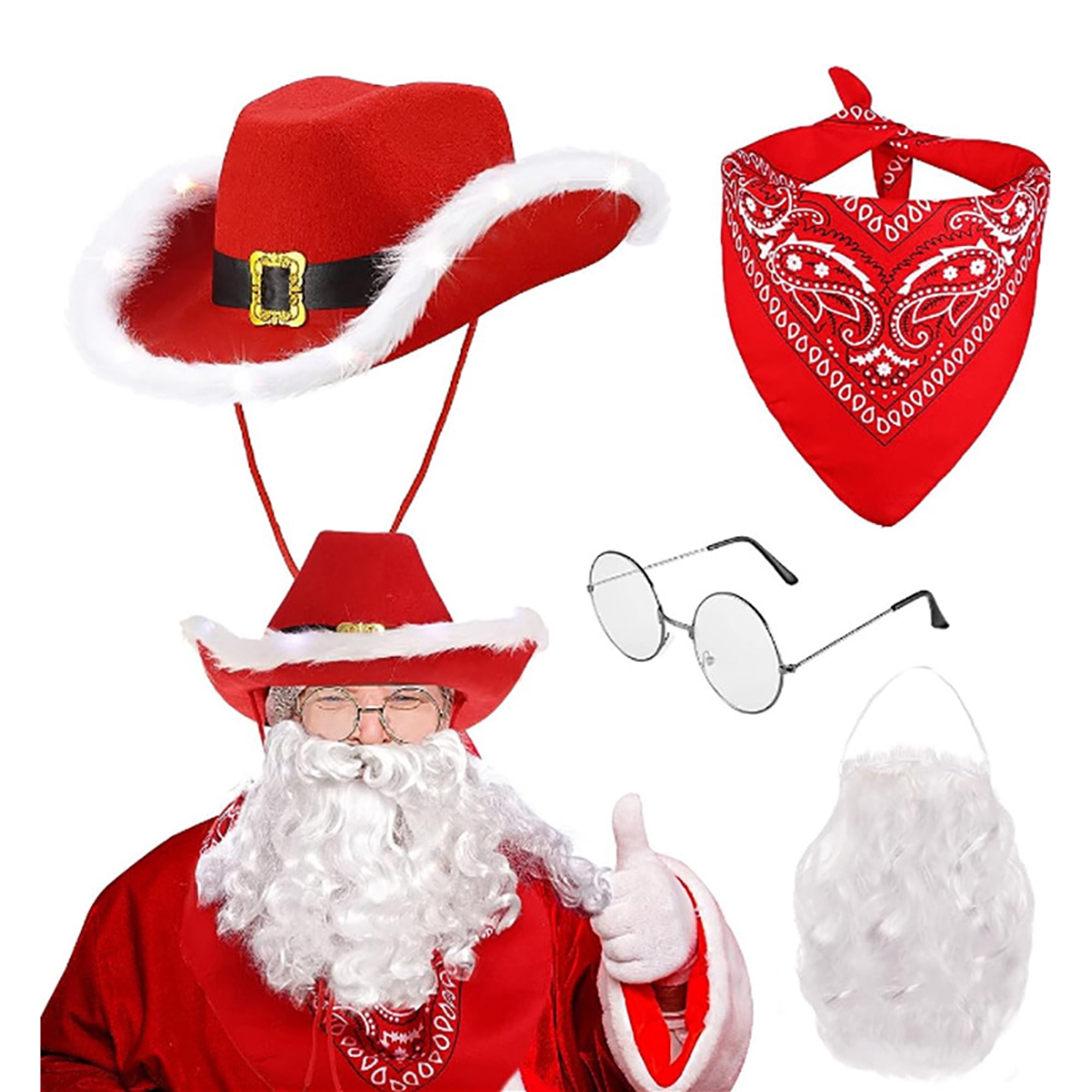 Christmas Cowboy Hat and Scarf Sequined Santa Wide Brim Hat for