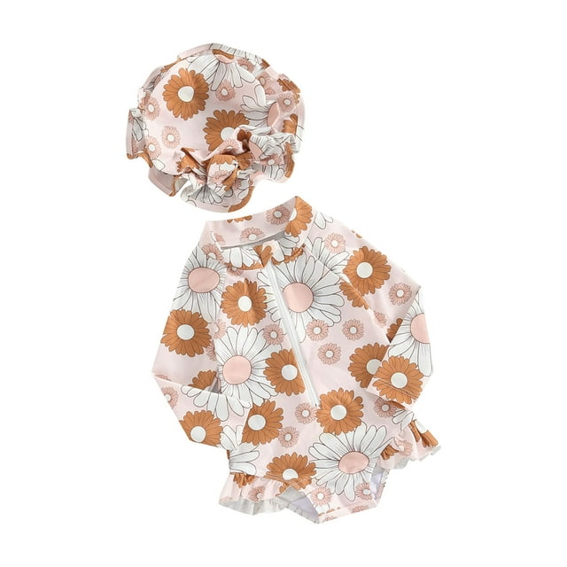 ELF Baby Girl 2 Pcs Bathing Suit Set, Long Sleeve Zip Up Rash Guard